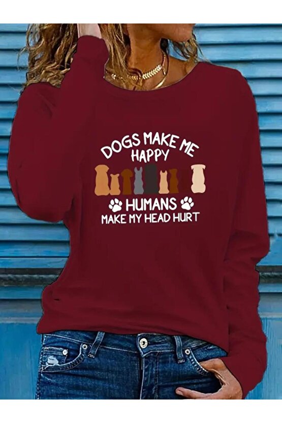 Kadın Uzun Kollu Bisiklet Yaka Köpek Resimli Viskon Bluz