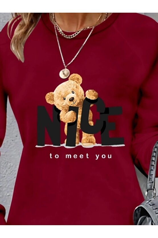 Kadın Uzun Kollu Bisiklet Yaka Ayı Desenli Viskon Iki Iplik Elbise