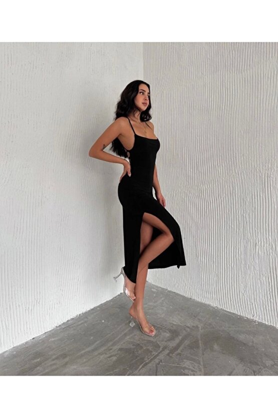 ırt Bağlamalı Derin Yirtmaç Askılı Elbise  iyah