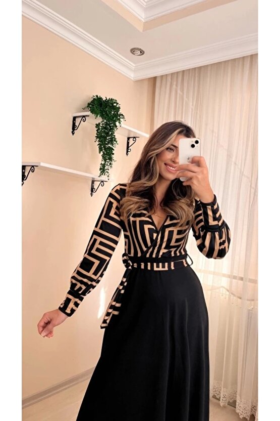 Kadın Uzun Kollu Kruvaze Yaka Dalgıç Krep Midi Boy Elbise