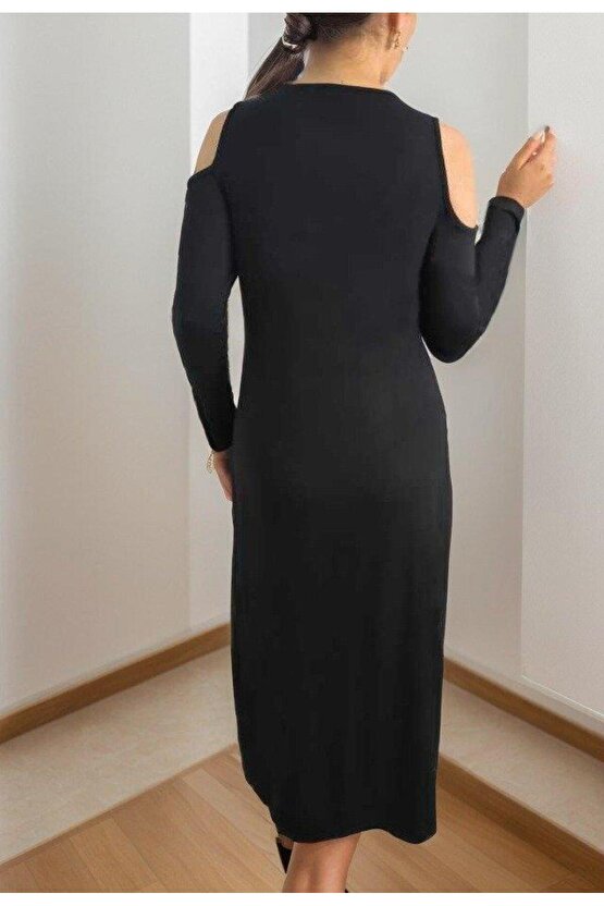 Kadın Uzun Kollu Yaka önü Güpürlü Madonna Yaka Viskon Midi Boy Elbise