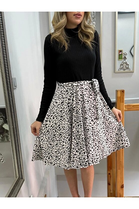 Kadın Uzun Kollu Balıkçı Yaka Belden Bağlamalı üst Kaşkorse Eteği Dalgıç Kısa Elbise