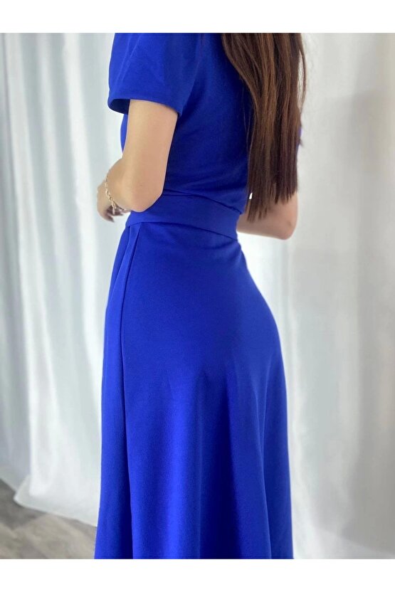 Kadın Kruvaze Yaka Midi Boy Kuşaklı Krep Elbise 120 Cm