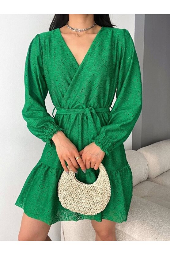 Kadın Fırsat ürünü Kruvaze Yaka Güpürlü ini Elbise