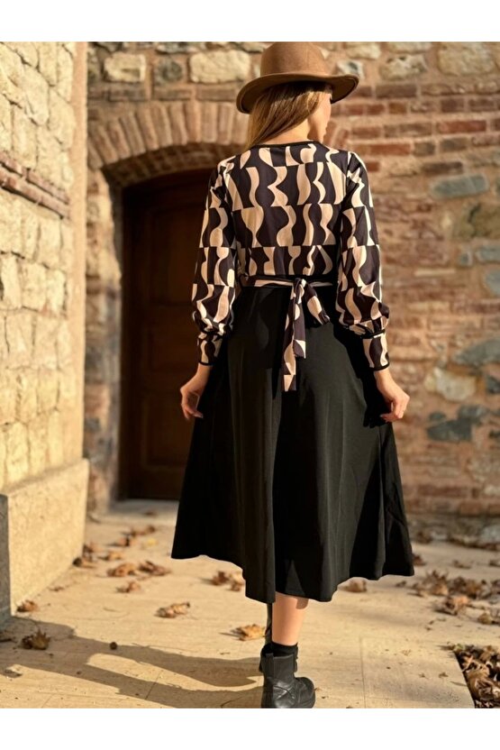 Kadın Uzun Kollu Kruvaze Yaka Dalgıç Krep Midi Boy Elbise