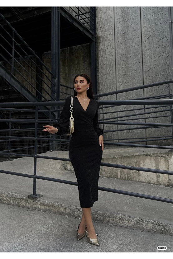 MDB Kadın Kruvaze Yaka Balon Kol imli Krep Kumaş idi Boy Elbise