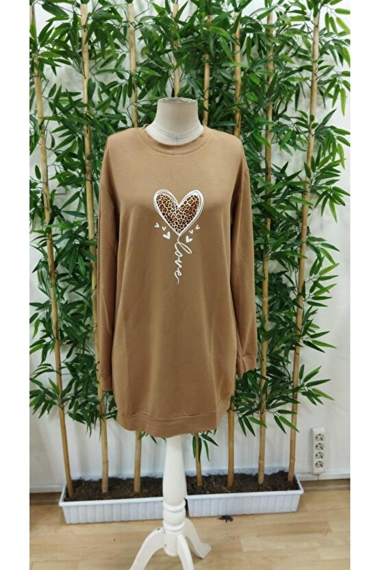 Kadın Uzun Kollu Bisiklet Yaka Kalp Desenli Kısa Viskon Elbise