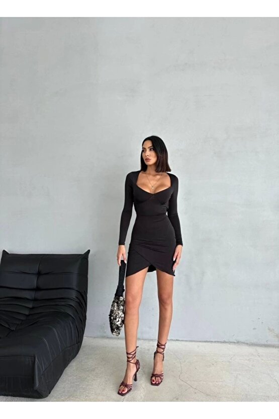 Kadın Uzun Kollu Göğüs Ve ırt Dekolteli Kruvaze Etek Detay Fırsat ürün ini Elbise