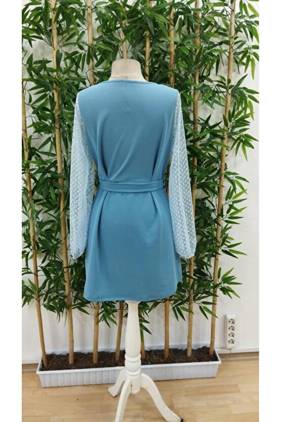 Kadın Uzun Kollu Yakadan Bağcıklı Belden Kuşaklı Ithal Krep Elbise