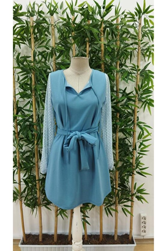 Kadın Uzun Kollu Yakadan Bağcıklı Belden Kuşaklı Ithal Krep Elbise