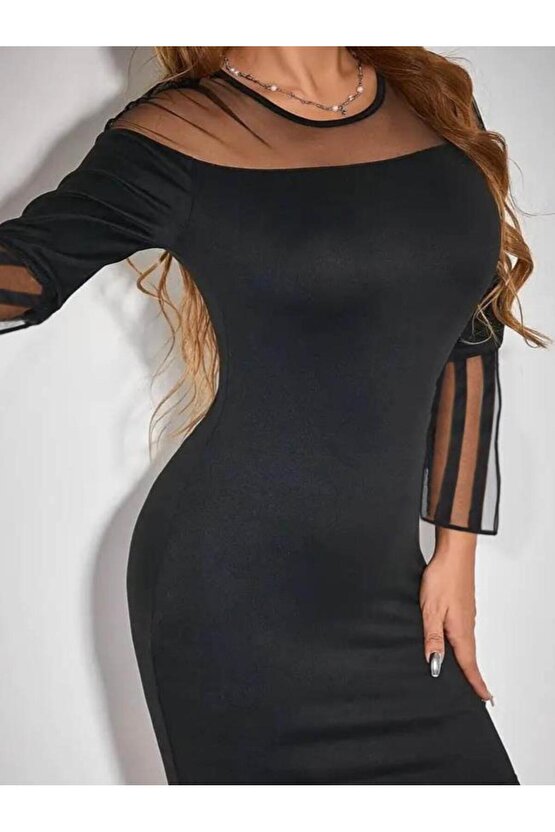 Kadın Uzun şeffaf şerit Kollu Madonna Yaka Vücudu Saran Dalgıç Kısa Elbise