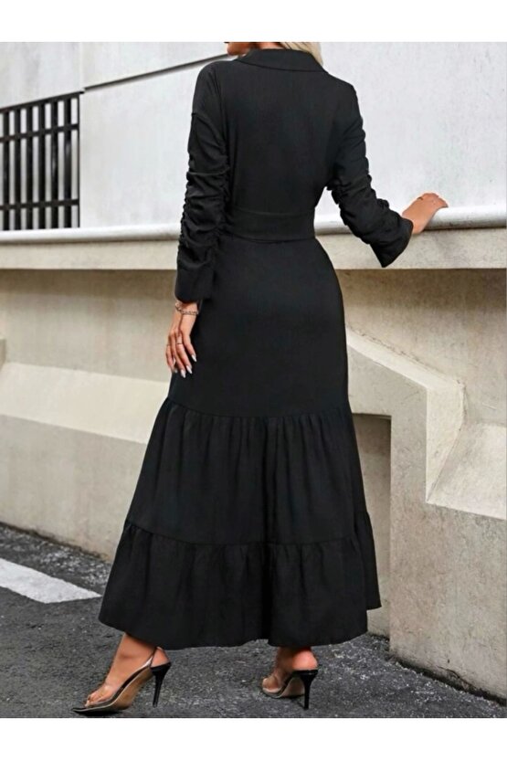 Kadın Uzun Kollu Eteği Fırfırlı Beli Kuşaklı Trikoton Tam Boy Gömlek Elbise