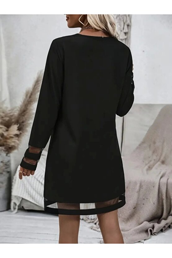 Kadın Uzun Kollu V Yakalı şeritli Tül Detaylı Ithal Krep Elbise