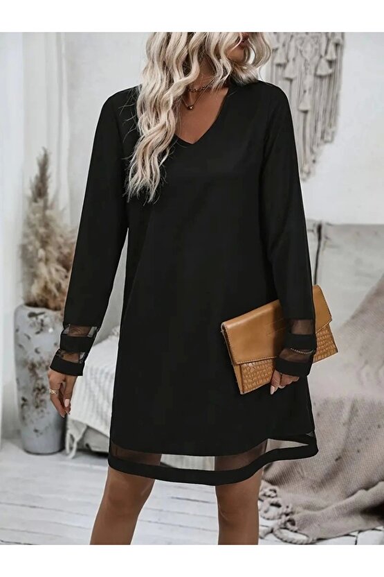 Kadın Uzun Kollu V Yakalı şeritli Tül Detaylı Ithal Krep Elbise