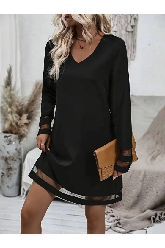Kadın Uzun Kollu V Yakalı şeritli Tül Detaylı Ithal Krep Elbise