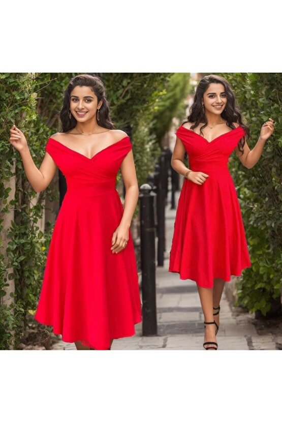 Kadın Kısa Kollu Kruvaze Yaka Eteği Volanlı Krep Elbise