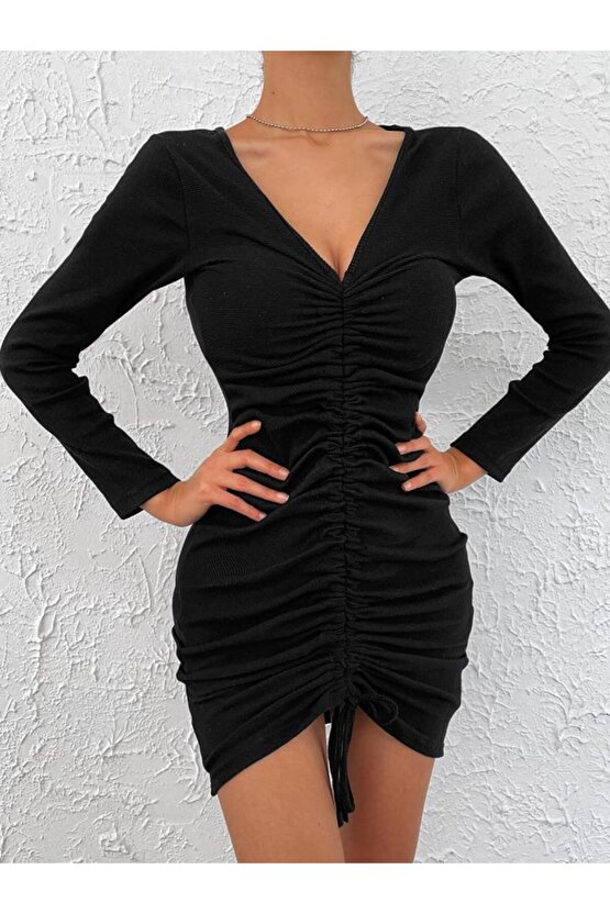 Kadın Uzun Kollu V Yaka Büzgülü Kaşkorse Elbise