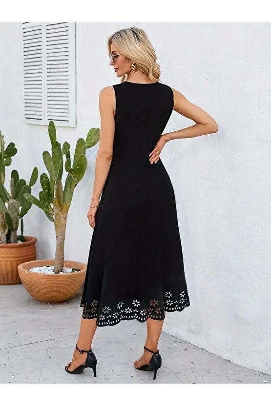 Kadın Kolsuz Etek Ucu Lazer Kesim çiçek Desenli Midi Boy Ithal Krep Elbise