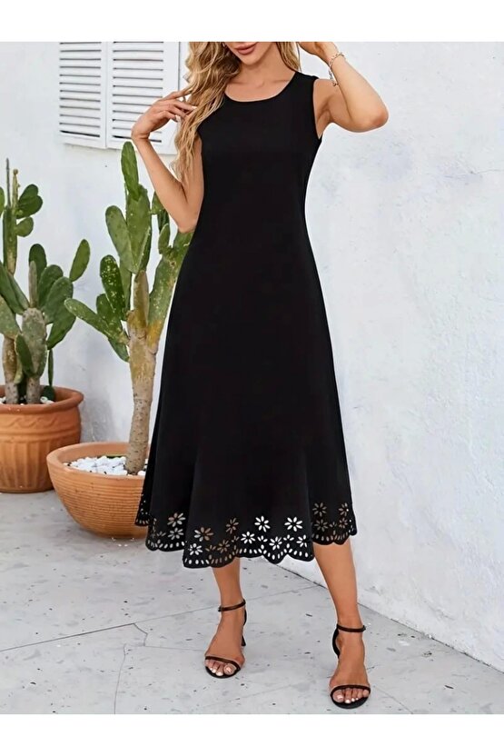 Kadın Kolsuz Etek Ucu Lazer Kesim çiçek Desenli Midi Boy Ithal Krep Elbise