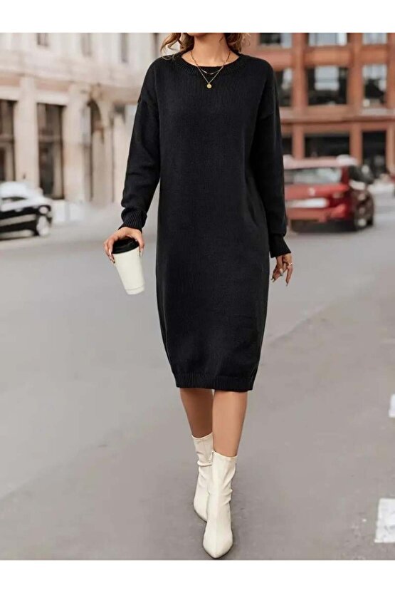 Kadın Uzun Kollu Bisiklet Yaka Yandan Yırtmaçlı Midi Triko Elbise(kemersiz)