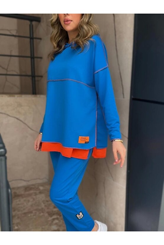 Kadın Indigo Kapşonlu Etek Ucu Detay Arma Ters Dikiş Gorunumlu Ikili Takım