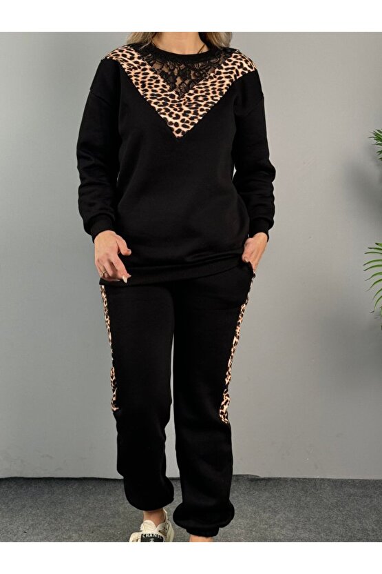 MDB Kadın üç Iplik Kumaş Leopar Desenli Dantel Detaylı Ikili Takım
