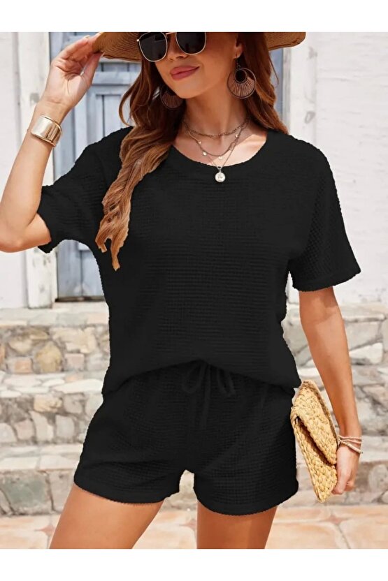 Kadın Kısa Kollu Bisiklet Yaka Alt Ve üst Waffle Ikili Takım