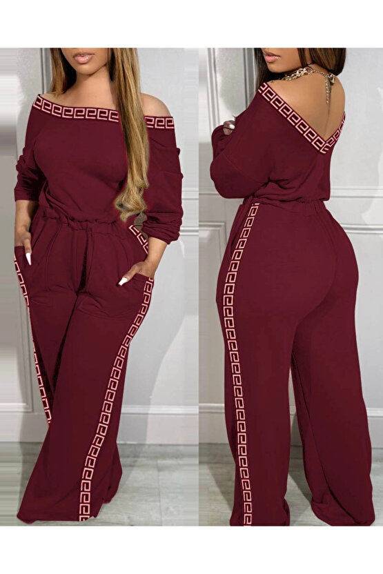 MDB Kadın Uzun Kollu Omuzlardan Açık Beli Lastikli Cepli şerit Desenli Viskon Iki Iplik Tulum