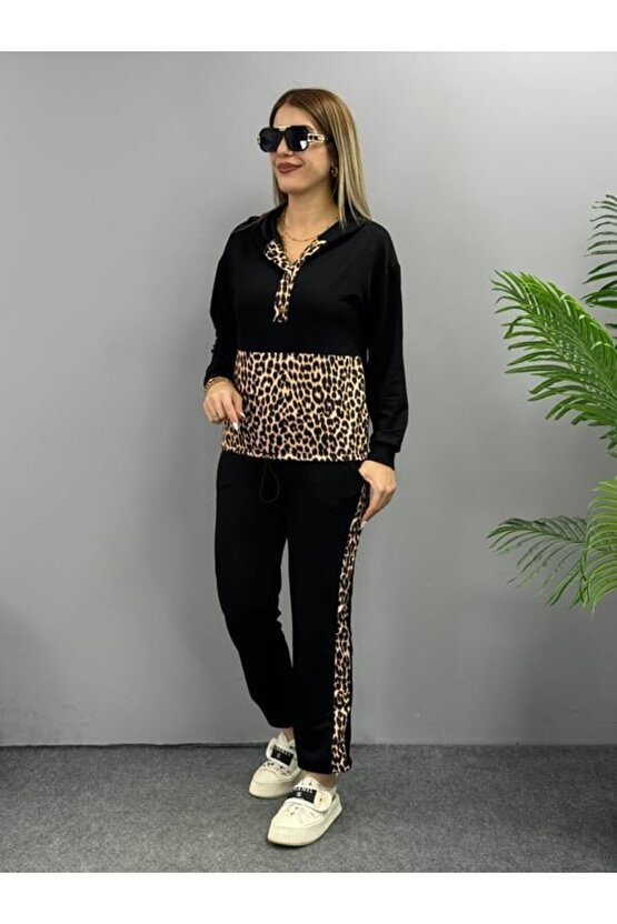 Kadın Uzun Kollu Leopar Detay weat Ve Yanı Leopar şerit Detay Pantolon Ikili Takım