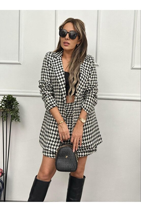 Kadın Kazayağı Desen Vatka Detay Kaban Ve Yüksek Bel Etek Ikili Takım