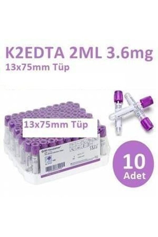 100 Adet Kan Alma Tüpü, Mor Kapak, K2E K2EDTA 2ml 3.6mg 13x75mm, Bd Vacutainer