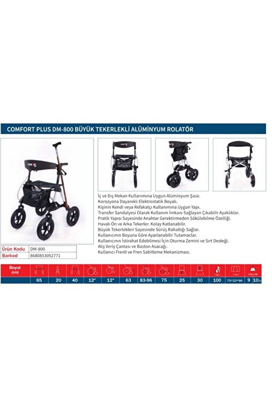 Comfort Plus DM-800 Büyük Tekerlekli Alüminyum Rolatör