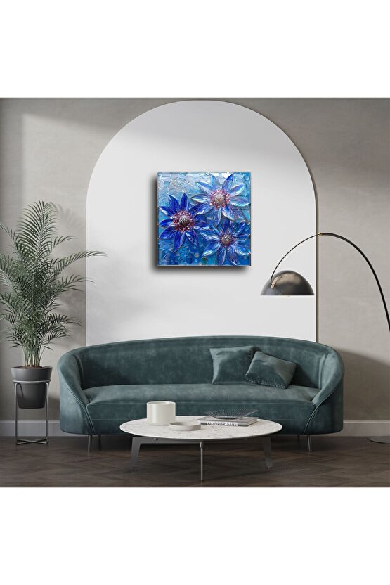 Mavi Çiçekli Vitray Cam Tablo