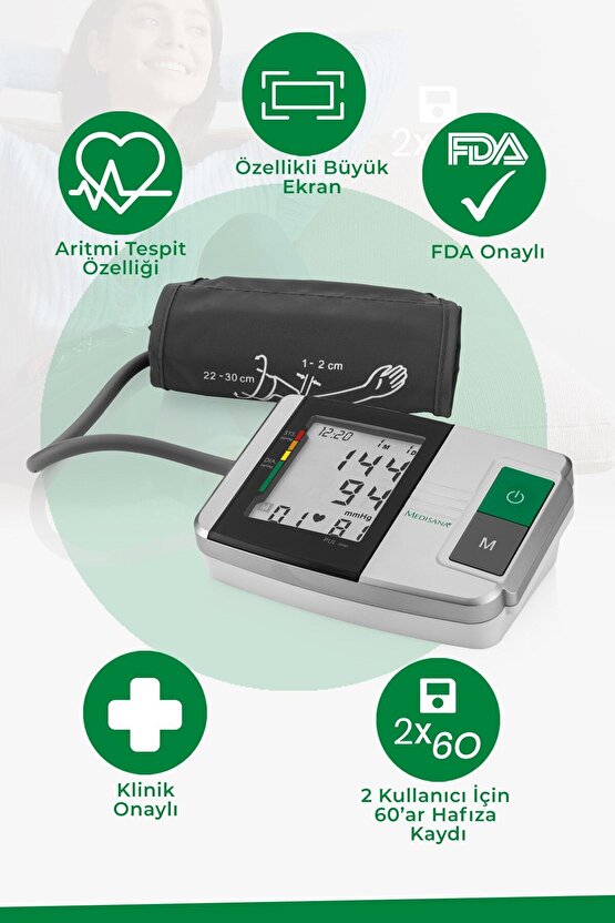 Dijital Medısana Alman Tasarım Büyük Ekran Kol Tipi Dijital Tansiyon Ölçme Aleti Mts-51152 Pilli Ko