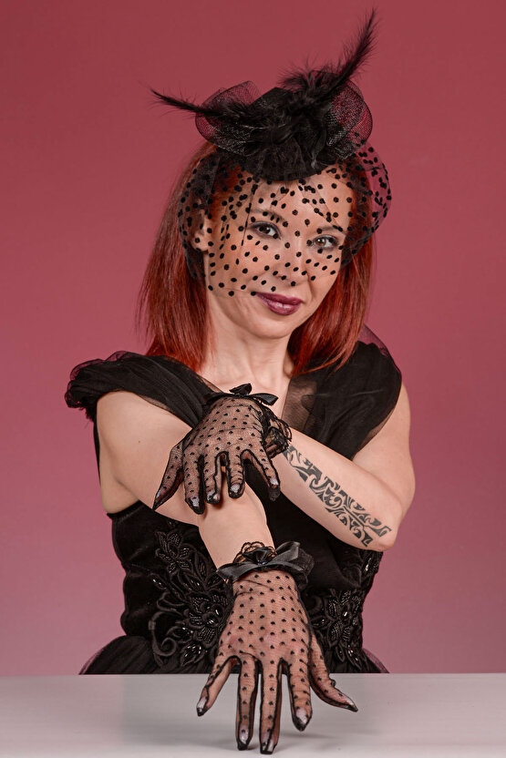 Siyah Puantiyeli Gelin Kepi Nikah Şapkası Ve Puanlı Gelin Eldiveni  Kombin Set