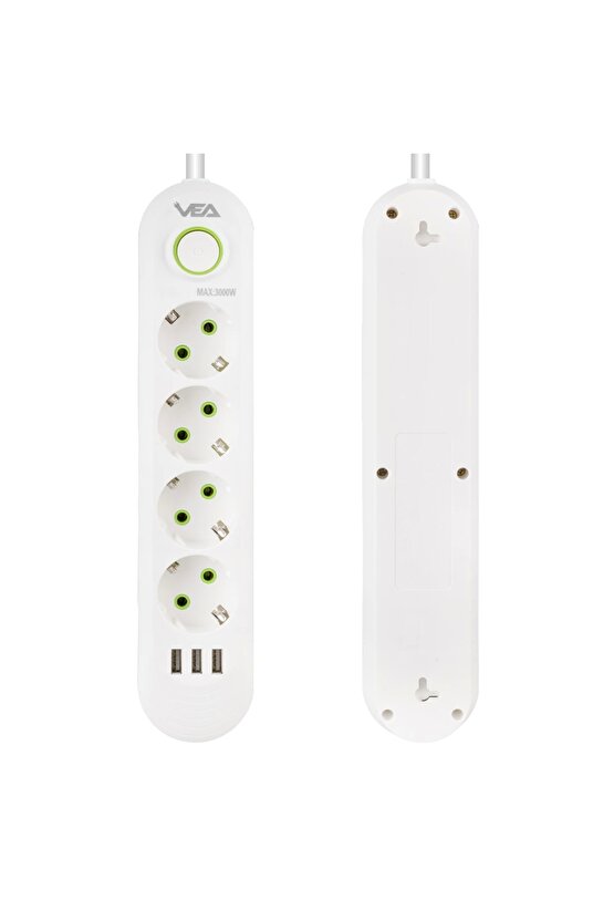 Vea Va-21560 4lü 1.5 Metre Kablolu 3 Usbli Beyaz Akım Korumalı Priz
