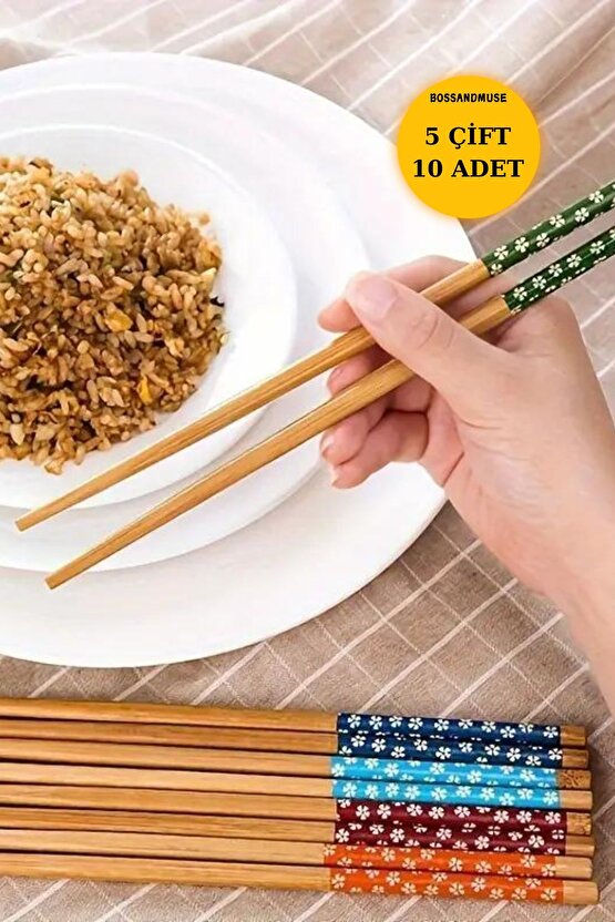 1. Kalite Bambu Çubuklar - Çiçek Desenli, 5 Çift (10 ADET) Çin Yemek Çubuğı Chopstick