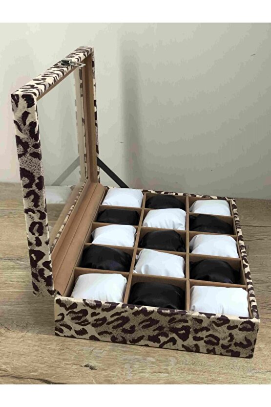 15 Büyük Boy Kol Saati Sığabilen Leopar Desenli Kaplama Saat Takı Mücevher Kutusu