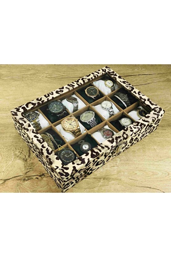 15 Büyük Boy Kol Saati Sığabilen Leopar Desenli Kaplama Saat Takı Mücevher Kutusu