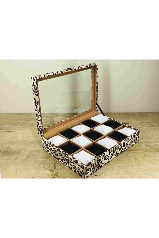 15 Büyük Boy Kol Saati Sığabilen Leopar Desenli Kaplama Saat Takı Mücevher Kutusu