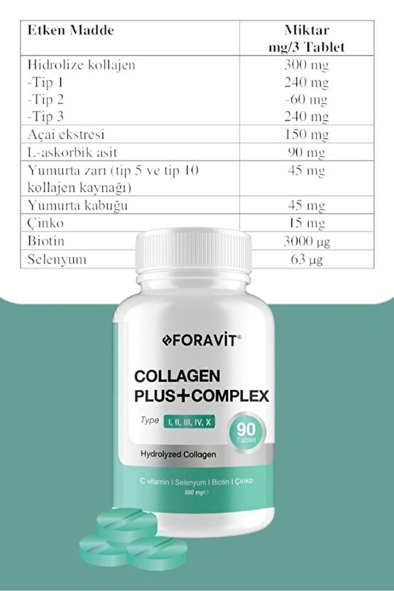 5 Tip Kolajen Tip 1, Tip 2, Tip 3, Tip 5 ,tip 10, ( Selenyum , C Vitamini Ve Çinko ) 90 Tablet