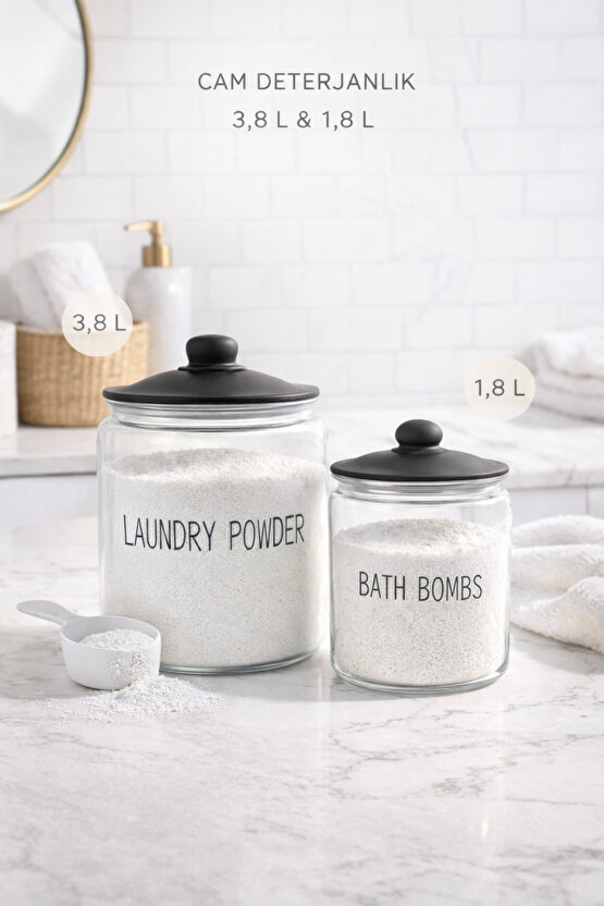 2’li Cam Deterjanlık Kavanoz Seti 3,8 L & 1,8 L – Laundry Powder  Bath Bombs, Saklama Kabı