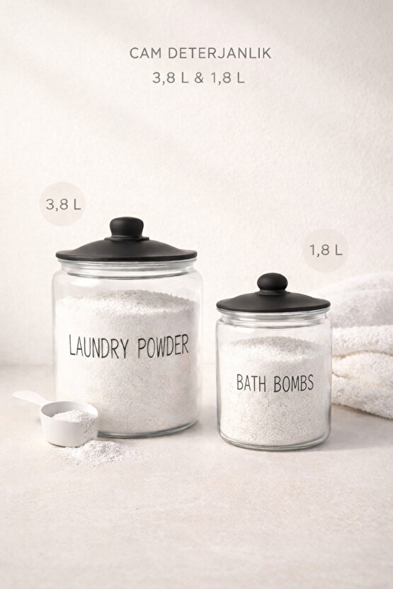 2’li Cam Deterjanlık Kavanoz Seti 3,8 L & 1,8 L – Laundry Powder  Bath Bombs, Saklama Kabı
