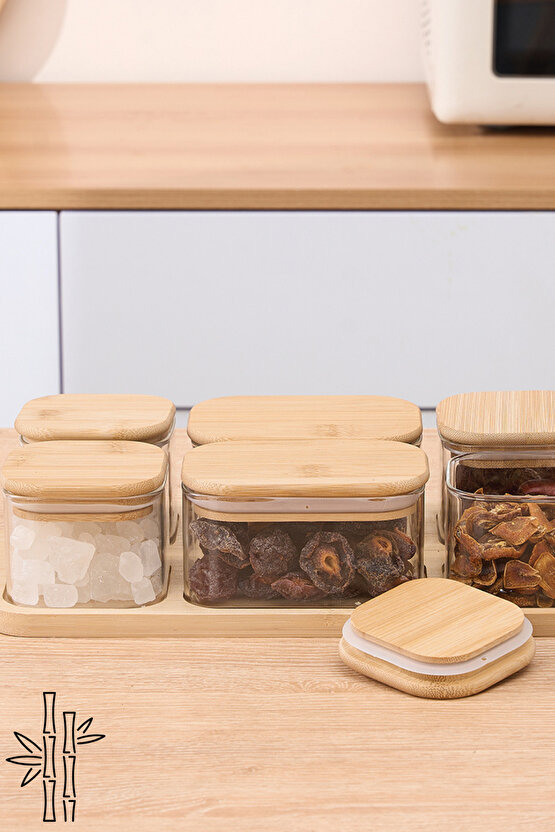 6lı Bambu Vakumlu Kapaklı Standlı Borosilikat Cam Kahvaltılık Seti