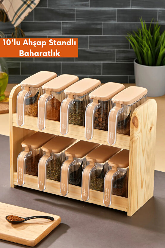 10lu Ahşap Standlı Baharatlık Seti – Kapaklı, Kaşıklı ve Kulplu Şeffaf Baharatlık Takımı Etiketli