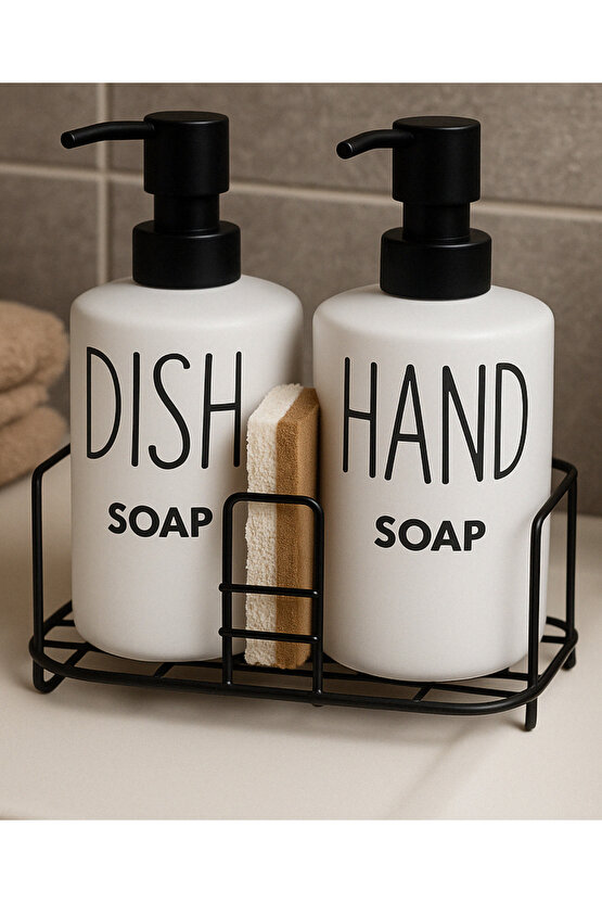 Metal Standlı Çiftli Seramik Sıvı Sabunluk Dish & Hand Soap Yazılı