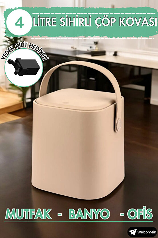 4 Litre Sihirli Çöp Kovası Tutma Saplı İç Kovalı Tezgah Üstü Mutfak Banyo Ofis Çöp Kovası