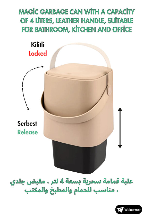4 Litre Sihirli Çöp Kovası Tutma Saplı İç Kovalı Tezgah Üstü Mutfak Banyo Ofis Çöp Kovası