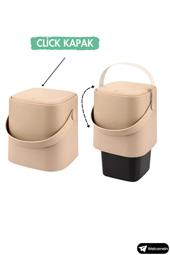 4 Litre Sihirli Çöp Kovası Tutma Saplı İç Kovalı Tezgah Üstü Mutfak Banyo Ofis Çöp Kovası