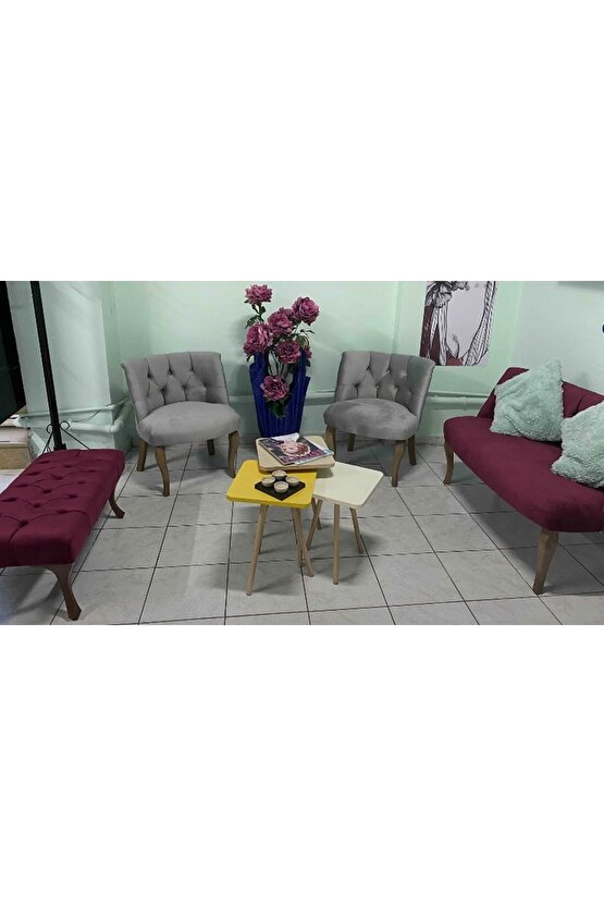 Nev elizzan bordo grı çay seti baby face kumaş puf hediyeli